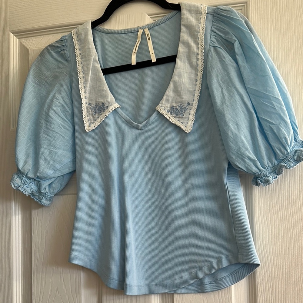 Blue Puff Sleeve Blouse with Sailor Collar